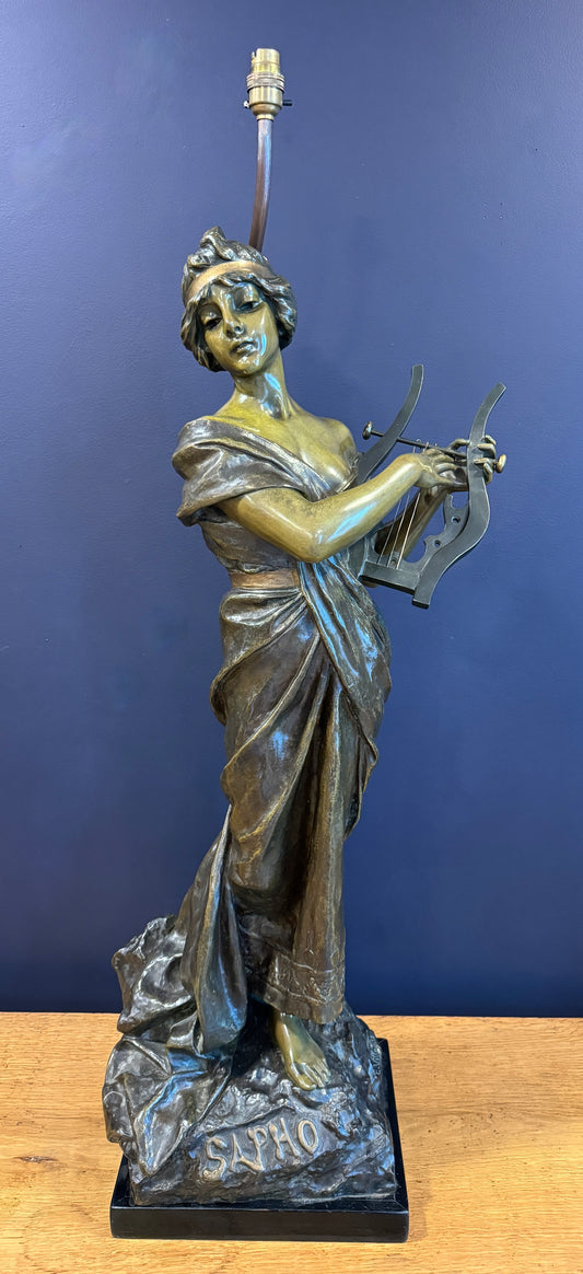 Large Antique Art Nouveau Bronze Figurine Lamp Sapho Signed E Villanis c1890