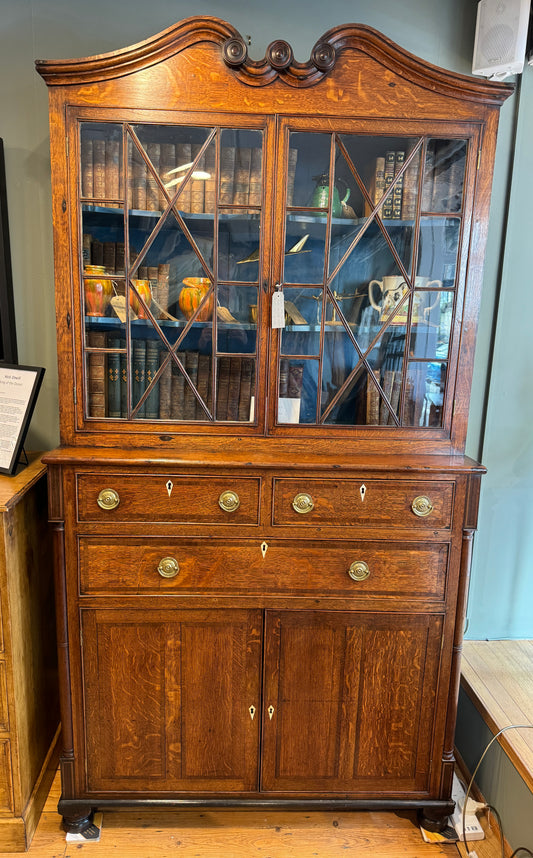 An Early Antique 19th Century Oak Glazed Bookcase on Cupboard