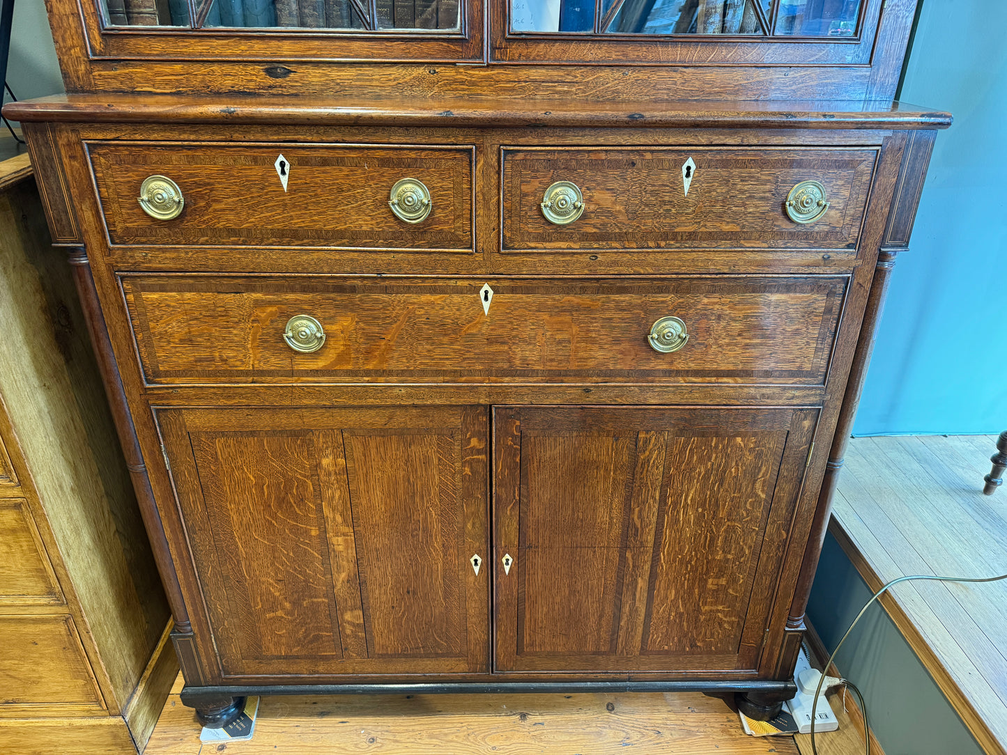 An Early Antique 19th Century Oak Glazed Bookcase on Cupboard