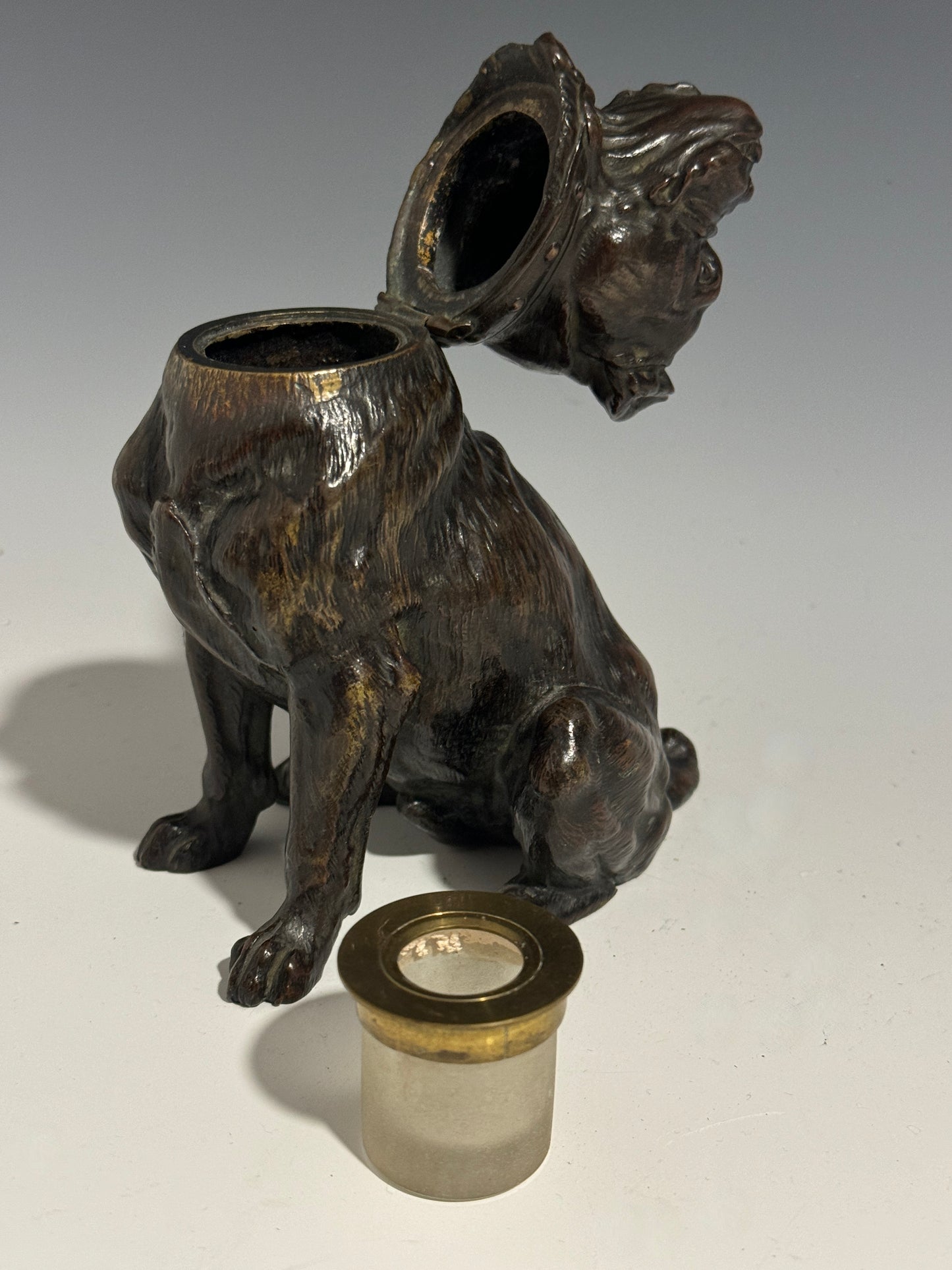 Antique Bronze Bulldog Inkwell Hinged Head Original Inkwell late 19th Century