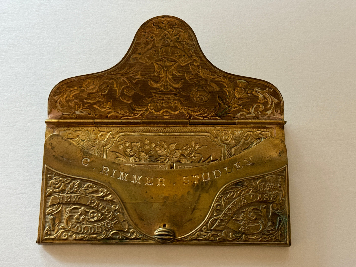 Antique Victorian Folding Brass Needle Case Louise by C Rimmer Studley c1870