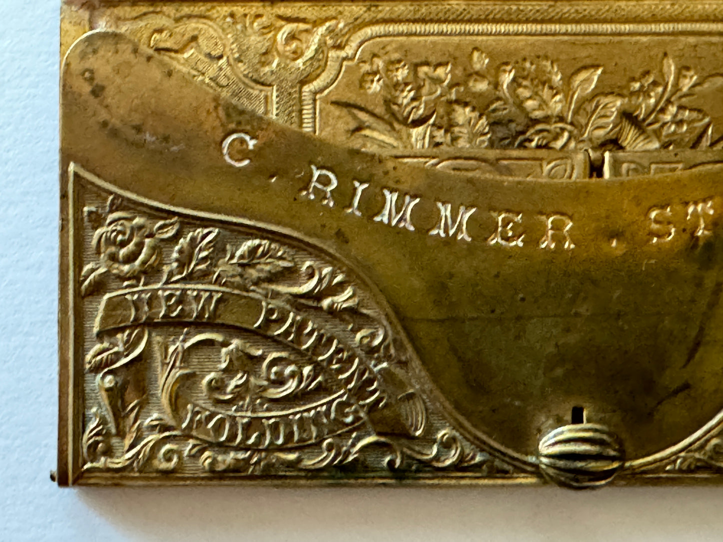 Antique Victorian Folding Brass Needle Case Louise by C Rimmer Studley c1870