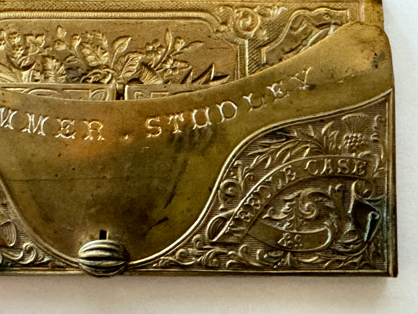 Antique Victorian Folding Brass Needle Case Louise by C Rimmer Studley c1870