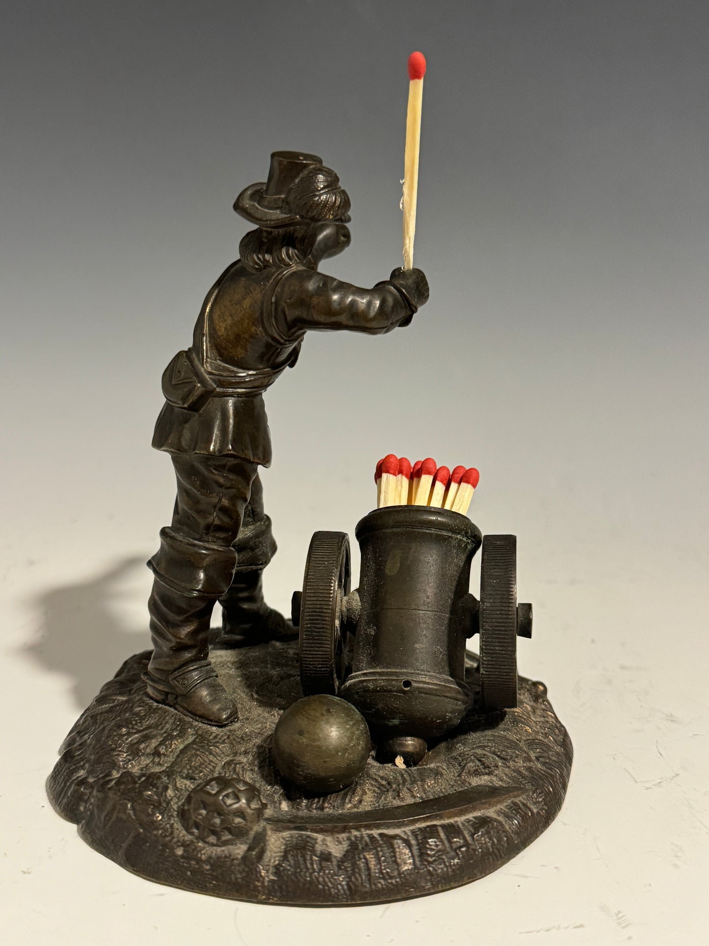 A Fabulous Rare Victorian Bronze Match Striker Cavalier with Canon c1860