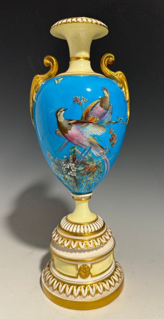 A Stunning Rare Royal Worcester Vase Hand Painted with Birds Shape 1969