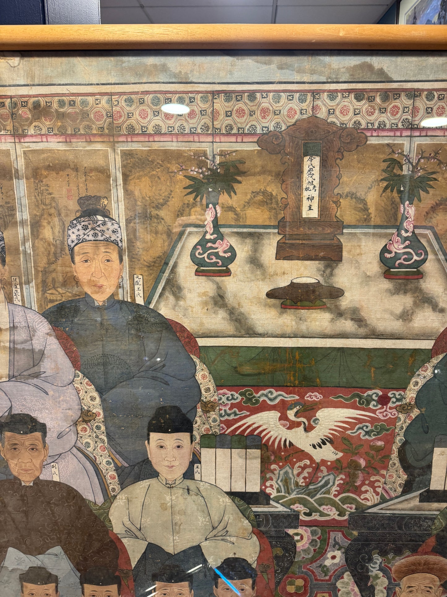 Huge Antique Qing Dynasty Chinese Ancestral Portrait Painting on Cloth 6ft 5'' Tall