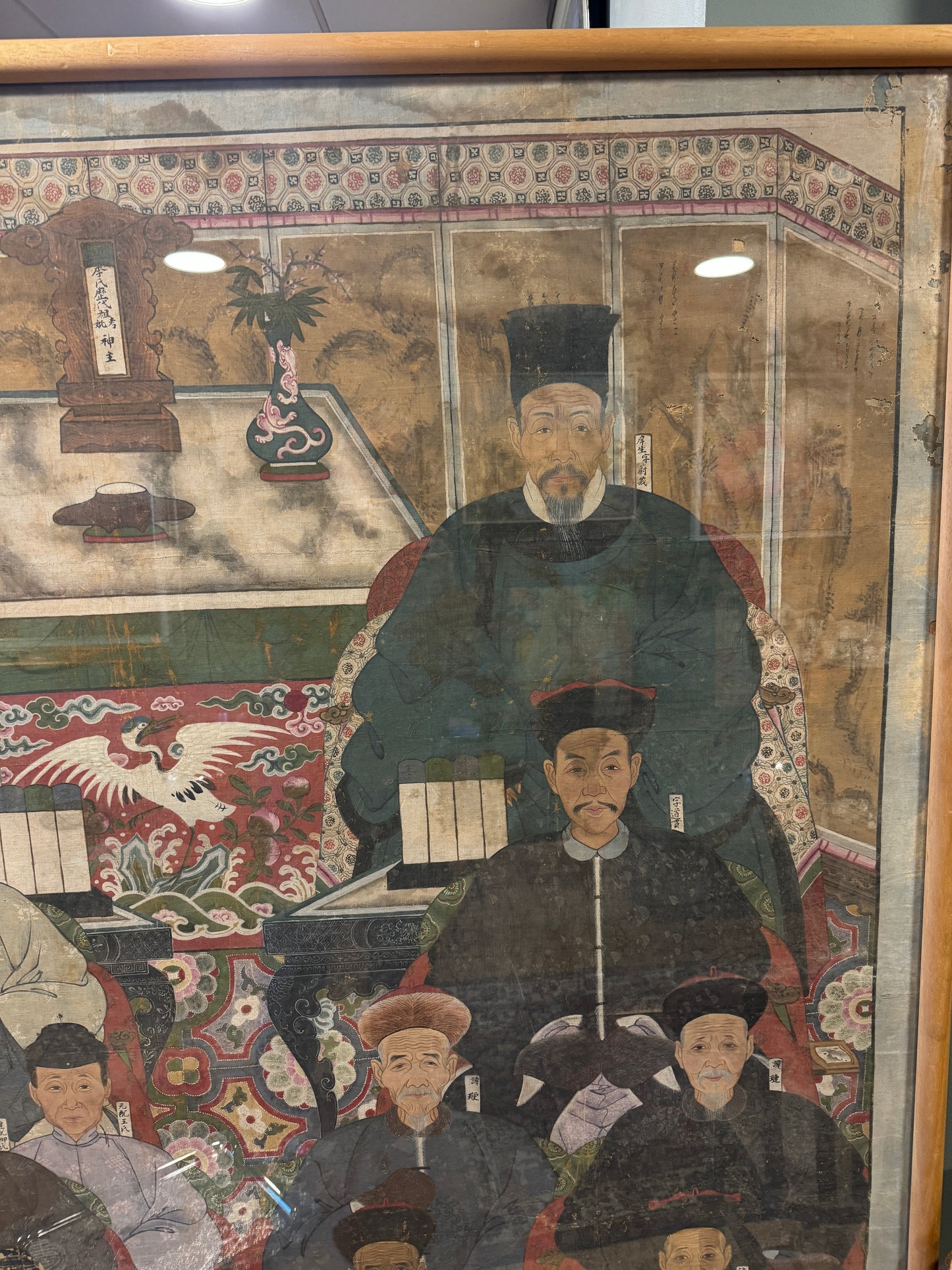 Huge Antique Qing Dynasty Chinese Ancestral Portrait Painting on Cloth 6ft 5'' Tall