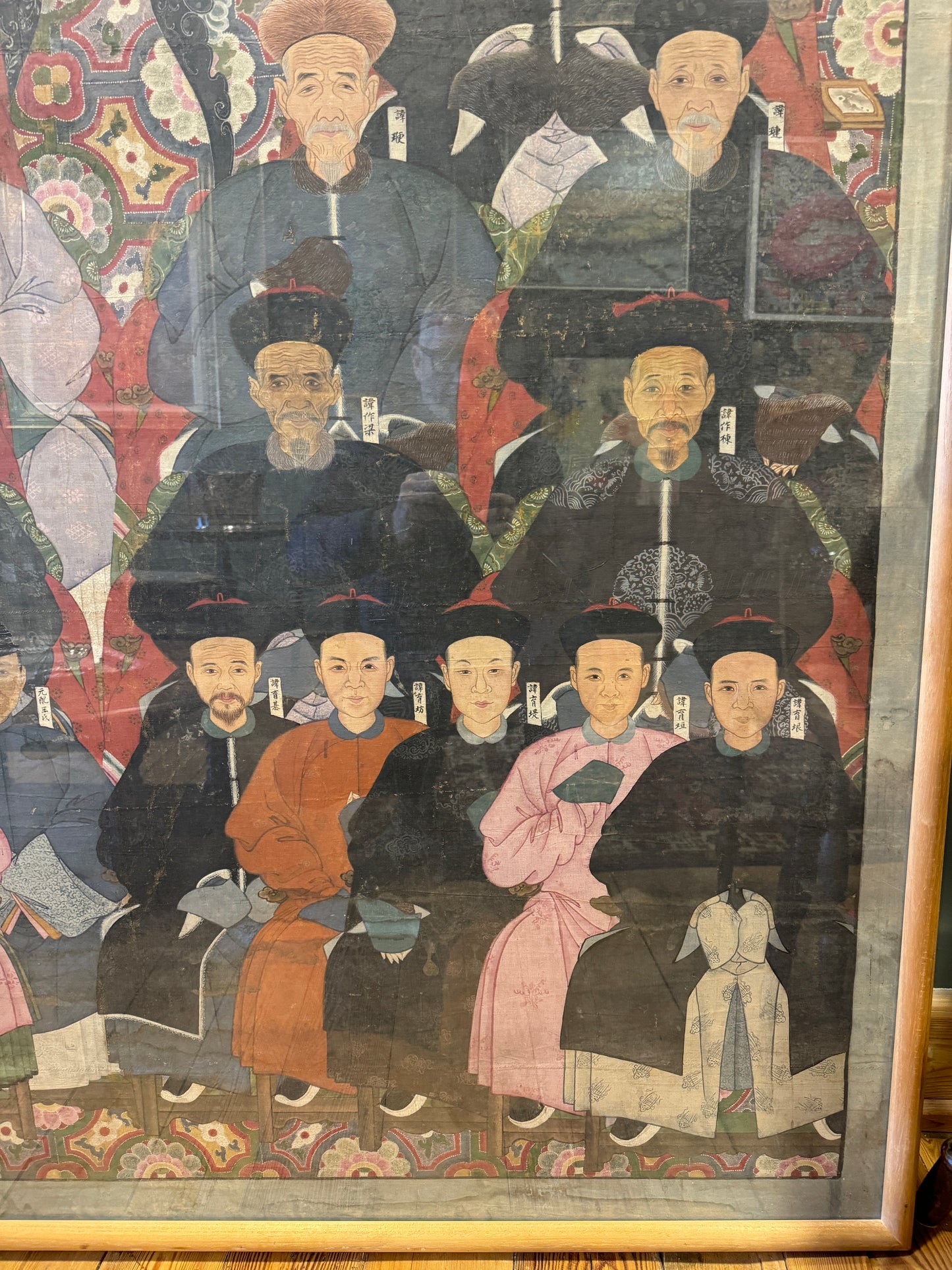 Huge Antique Qing Dynasty Chinese Ancestral Portrait Painting on Cloth 6ft 5'' Tall