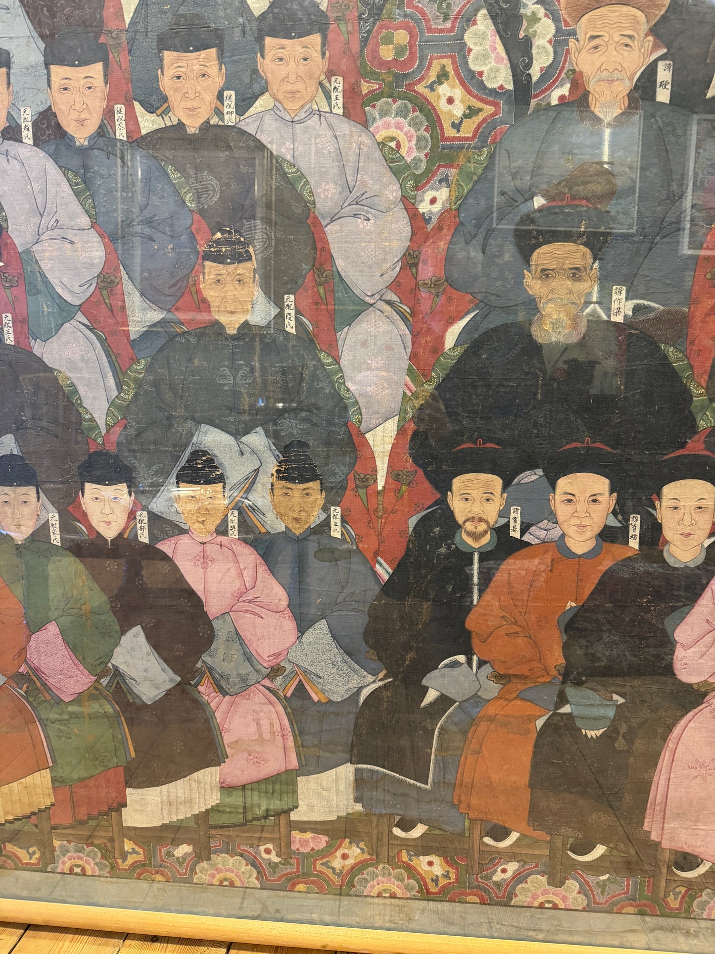 Huge Antique Qing Dynasty Chinese Ancestral Portrait Painting on Cloth 6ft 5'' Tall