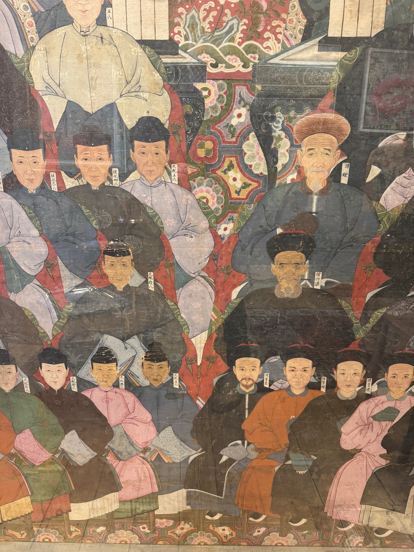 Huge Antique Qing Dynasty Chinese Ancestral Portrait Painting on Cloth 6ft 5'' Tall