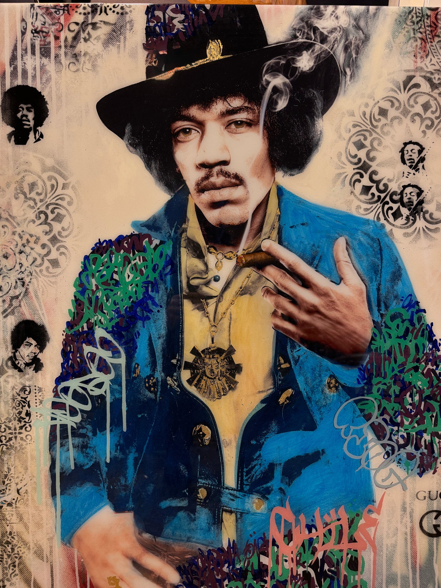 SRINJOY GANGOPADHYAY 'Jimi Smoking' Hendrix Signed Original Mixed Media Painting