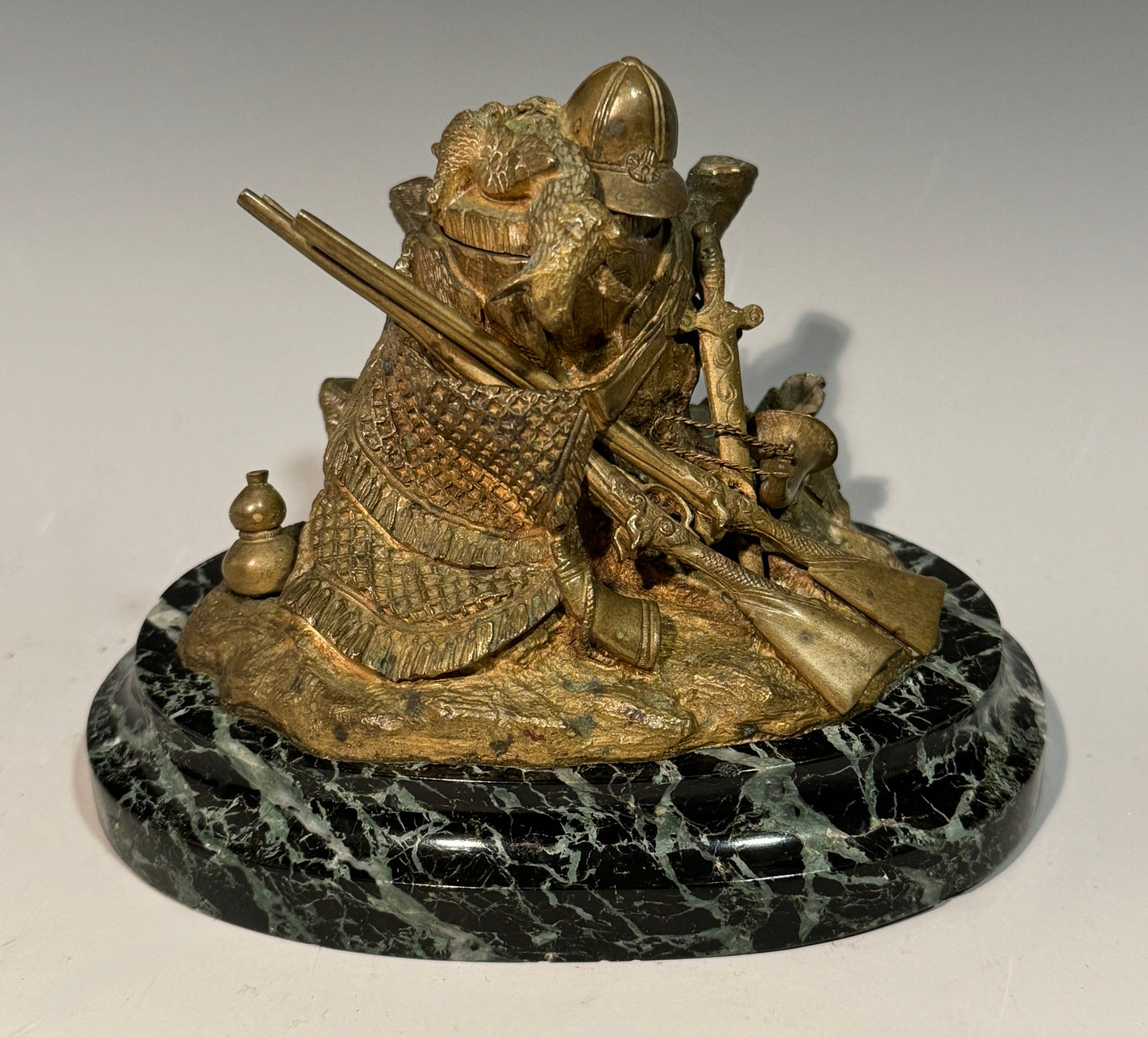 Stunning Rare Antique Bronze on Marble Inkwell Hunting Guns Etc
