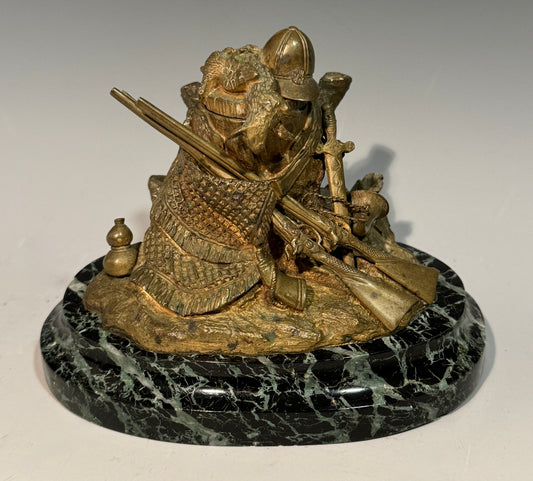 Stunning Rare Antique Bronze on Marble Inkwell Hunting Guns Etc