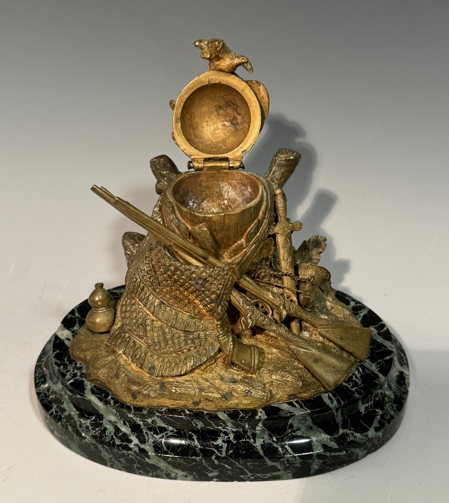 Stunning Rare Antique Bronze on Marble Inkwell Hunting Guns Etc