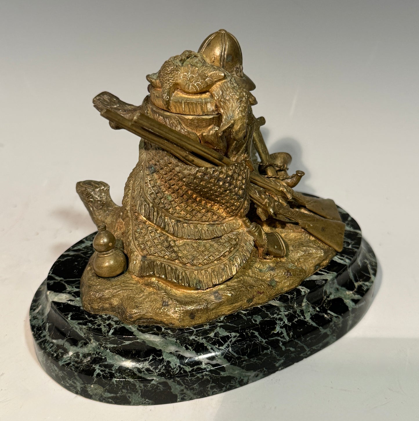 Stunning Rare Antique Bronze on Marble Inkwell Hunting Guns Etc