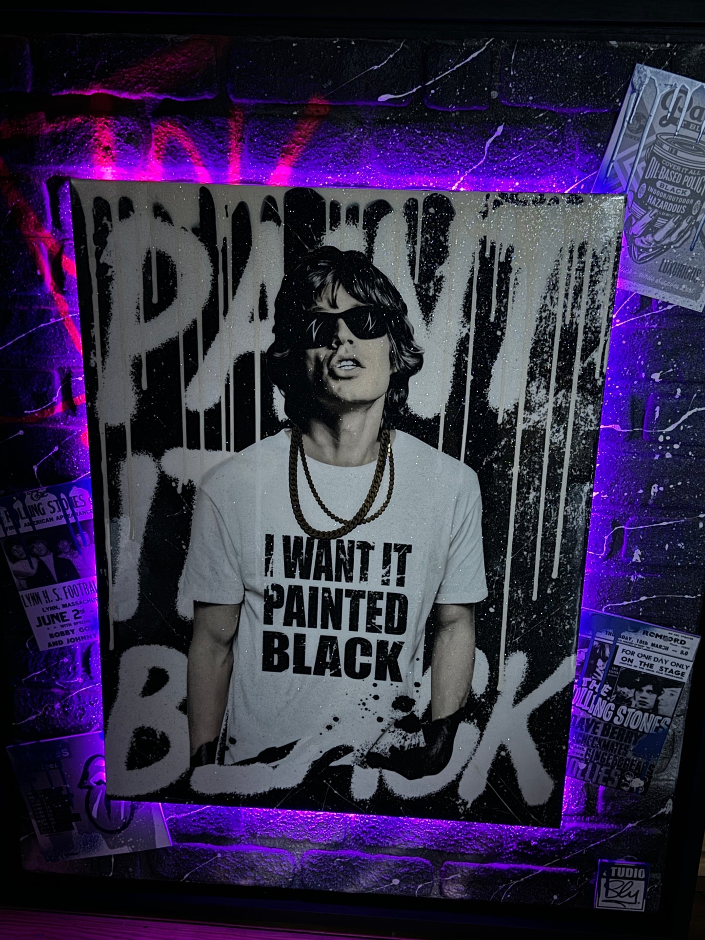 Mr Sly Original Large Signed Mixed Media Paint it Black Mick Jagger Portrait