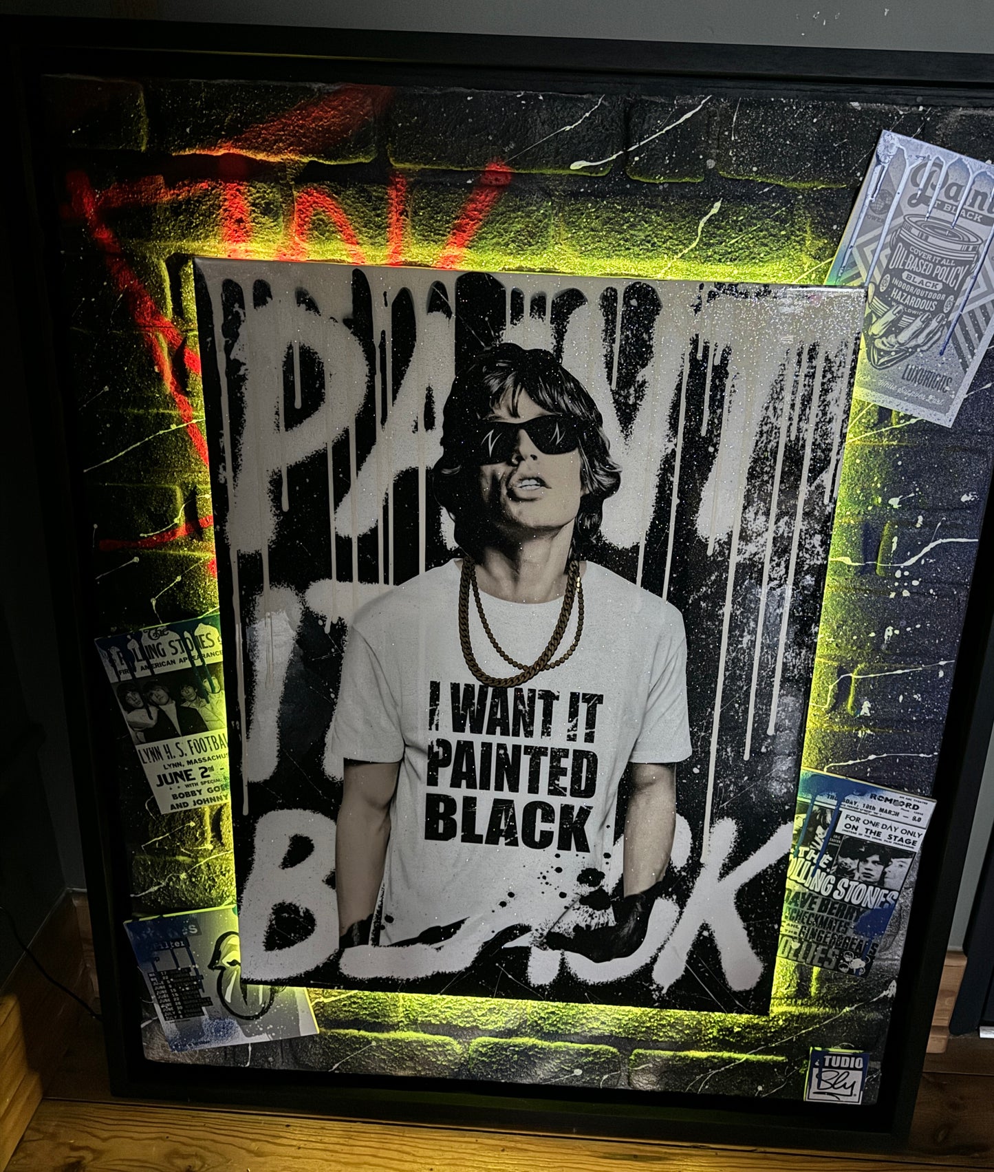 Mr Sly Original Large Signed Mixed Media Paint it Black Mick Jagger Portrait