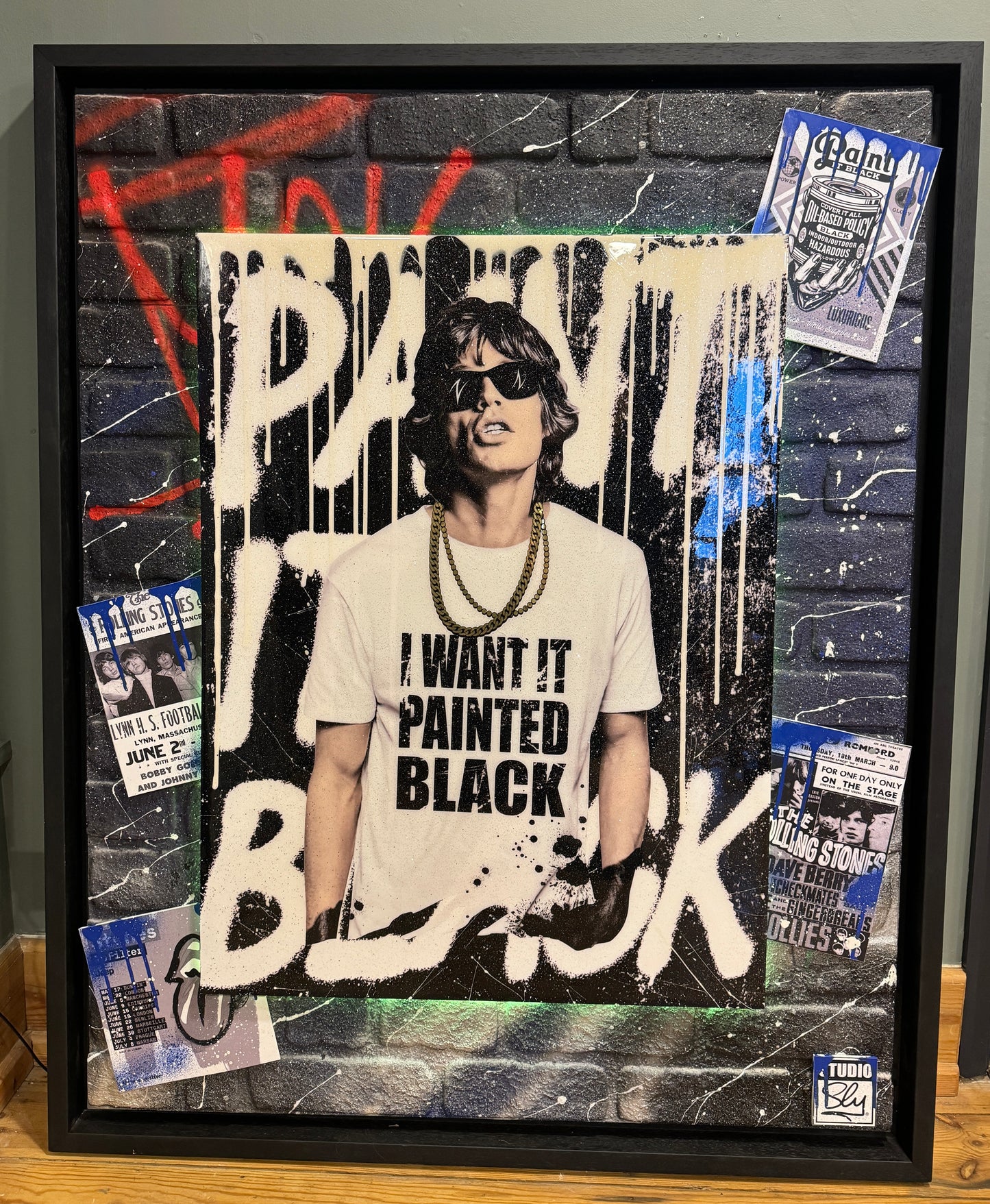 Mr Sly Original Large Signed Mixed Media Paint it Black Mick Jagger Portrait