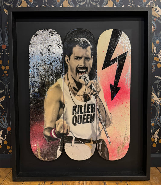 Original MR SLY, KILLER QUEEN II a portrait of Freddie Mercury on 3 Skateboards