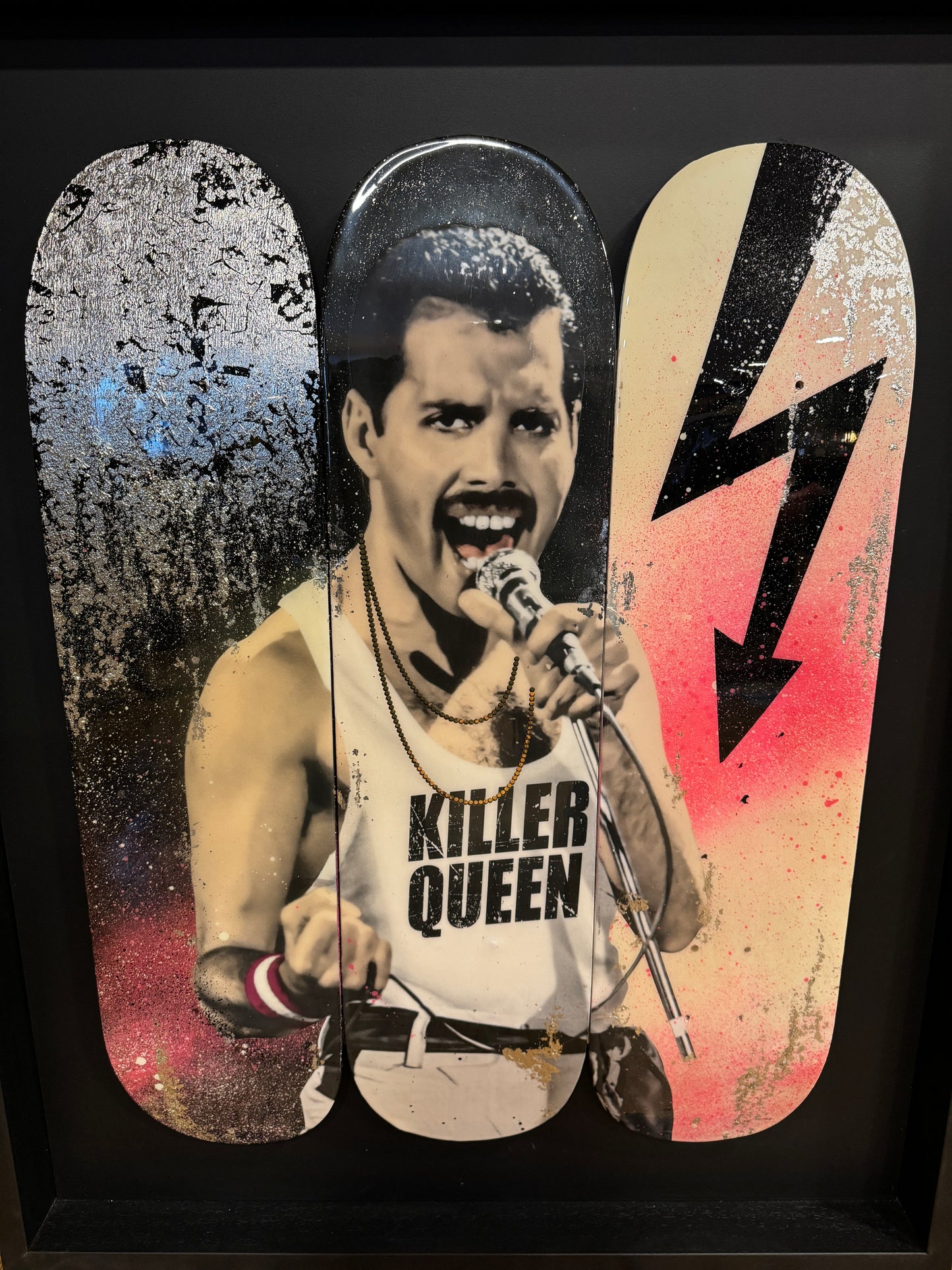 Original MR SLY, KILLER QUEEN II a portrait of Freddie Mercury on 3 Skateboards