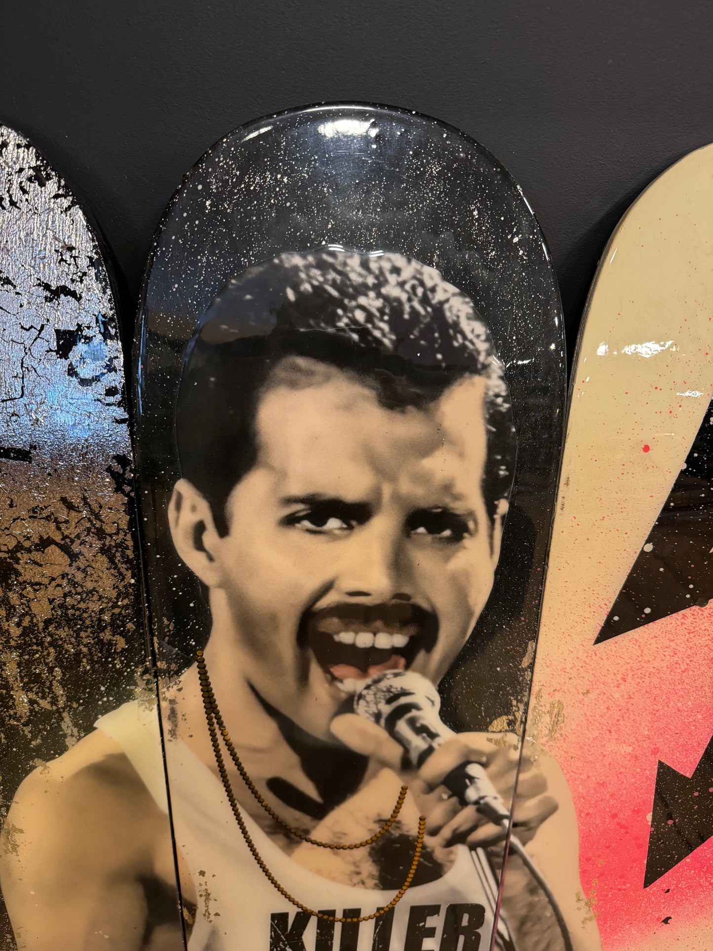 Original MR SLY, KILLER QUEEN II a portrait of Freddie Mercury on 3 Skateboards