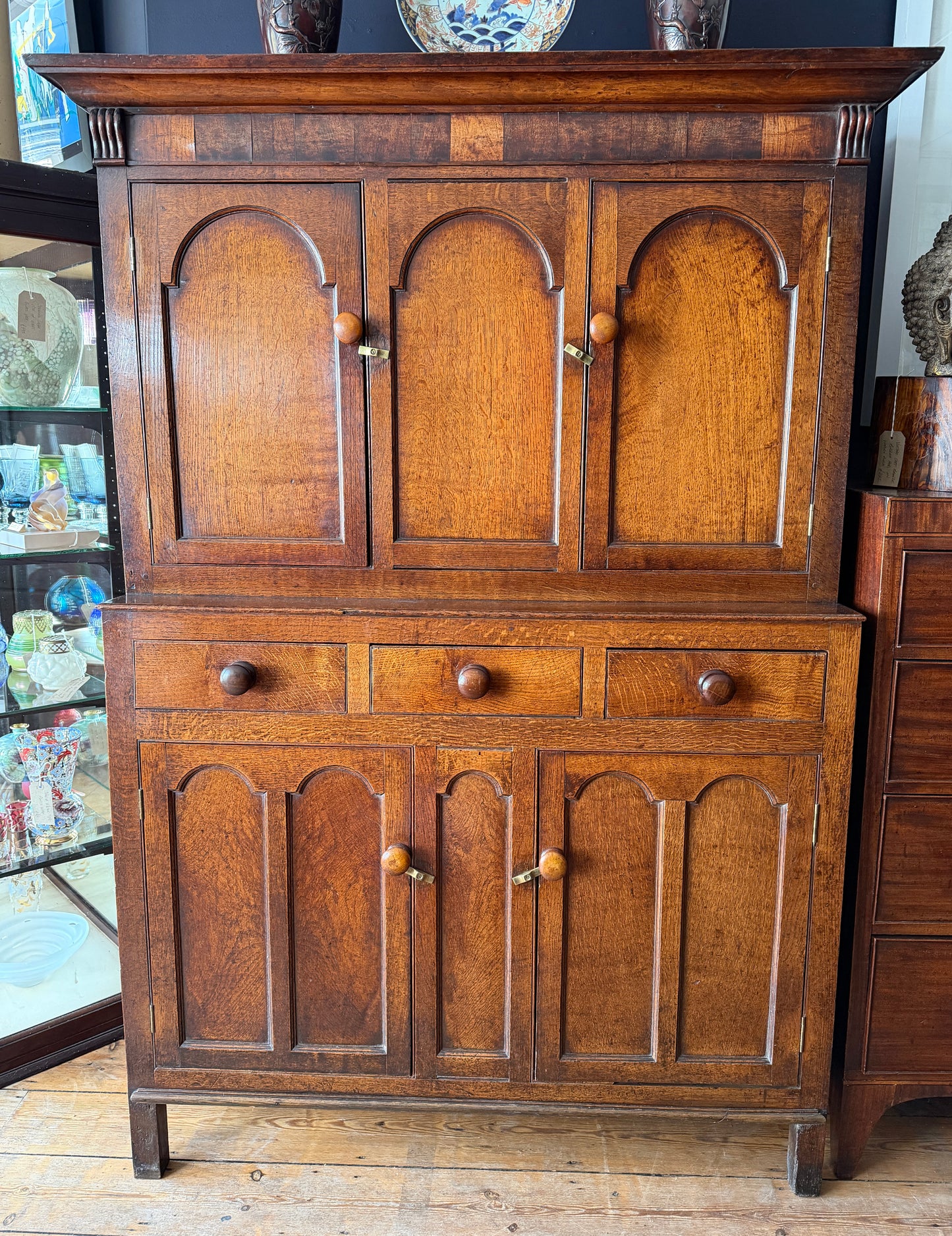Superb Antique 18th Century Welsh Oak Cwpwrdd Deuddarn Cupboard / Dresser 2 Part