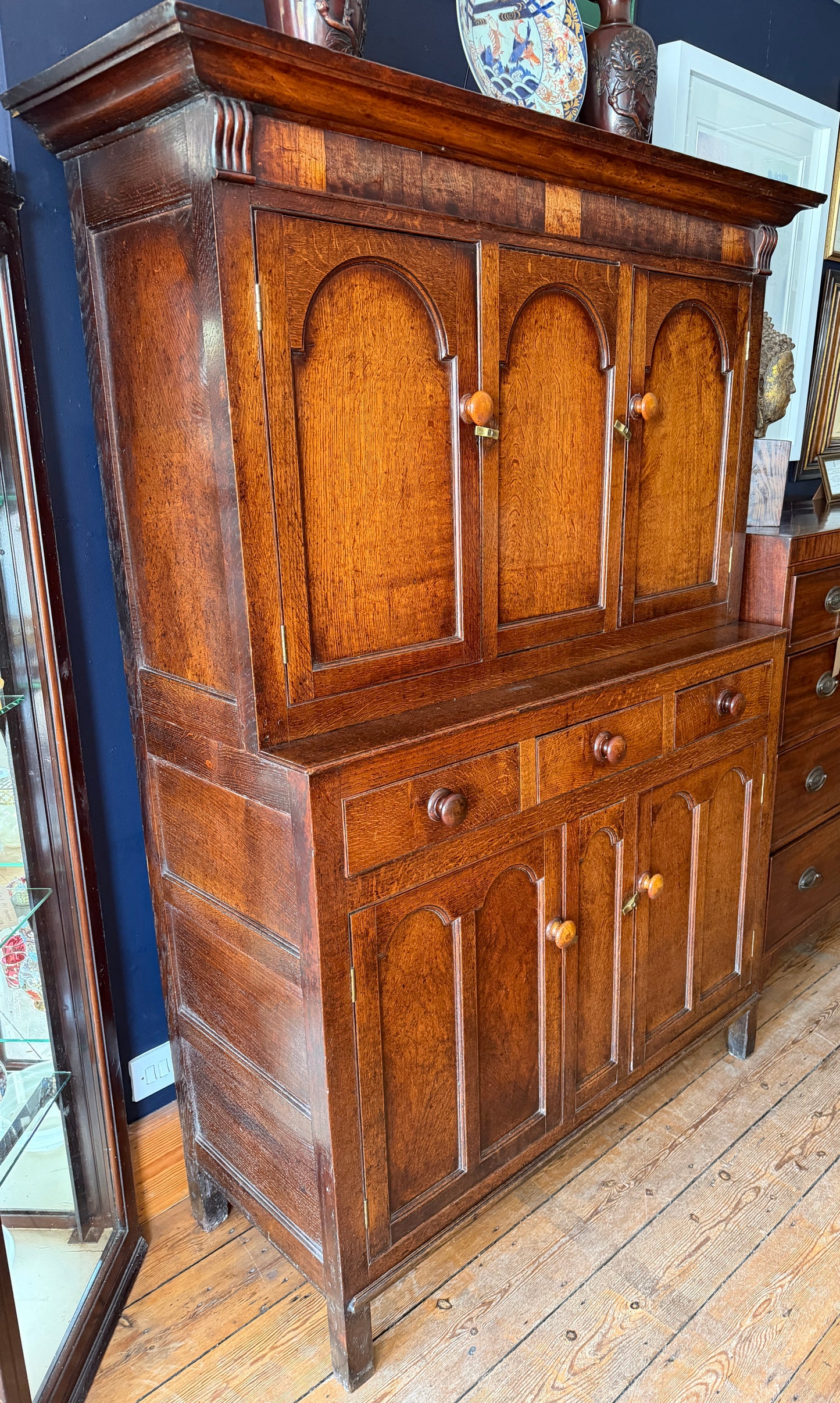 Superb Antique 18th Century Welsh Oak Cwpwrdd Deuddarn Cupboard / Dresser 2 Part