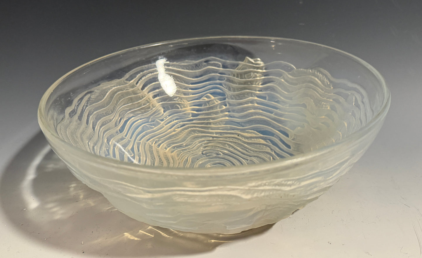 Large Lalique Dauphins Dolphins Opalescent Glass Bowl Signed R Lalique