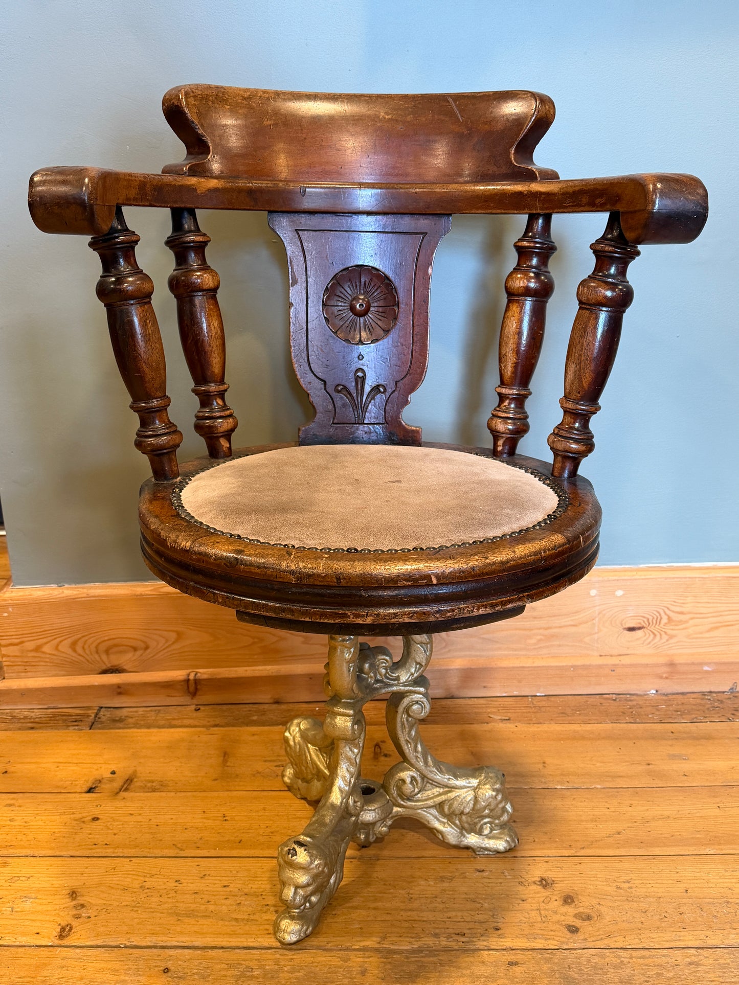 Rare Antique Victorian Mahogany & Cast Iron Ship / Captains Swivel Chair