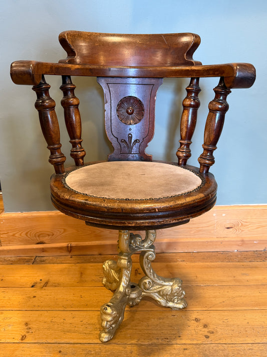 Rare Antique Victorian Mahogany & Cast Iron Ship / Captains Swivel Chair