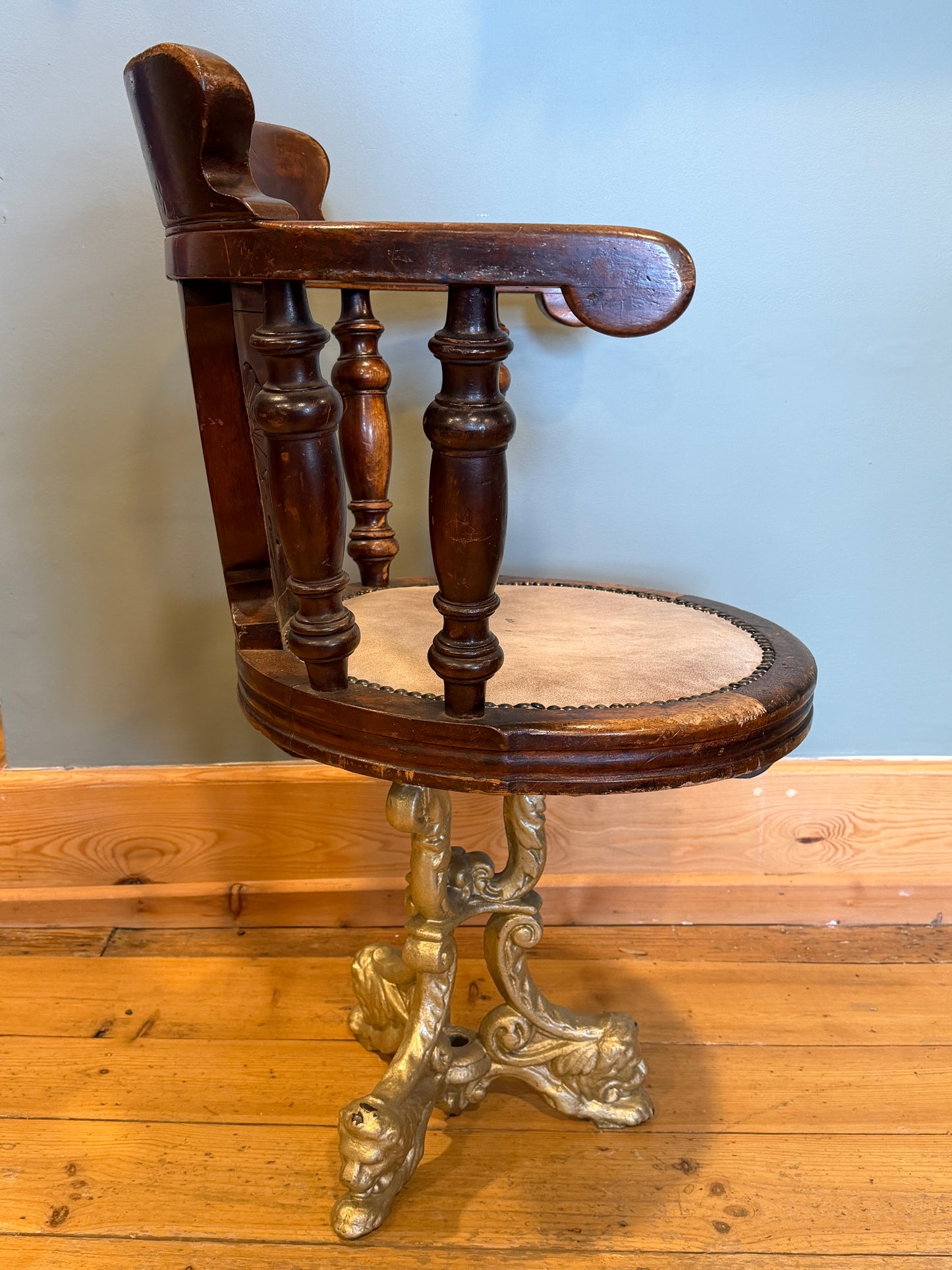 Rare Antique Victorian Mahogany & Cast Iron Ship / Captains Swivel Chair