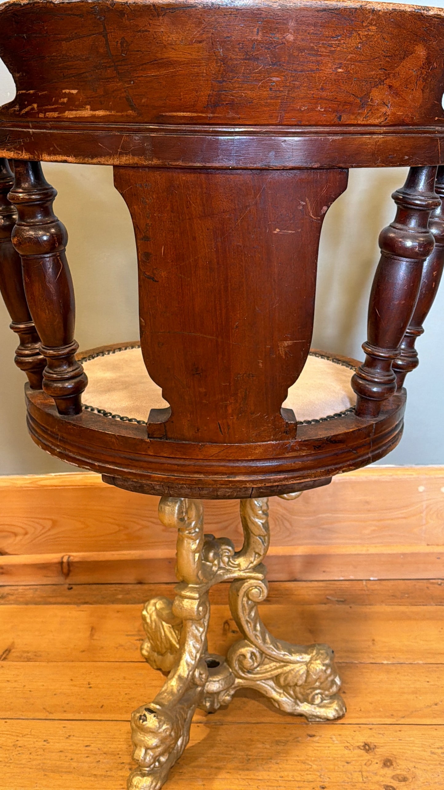 Rare Antique Victorian Mahogany & Cast Iron Ship / Captains Swivel Chair