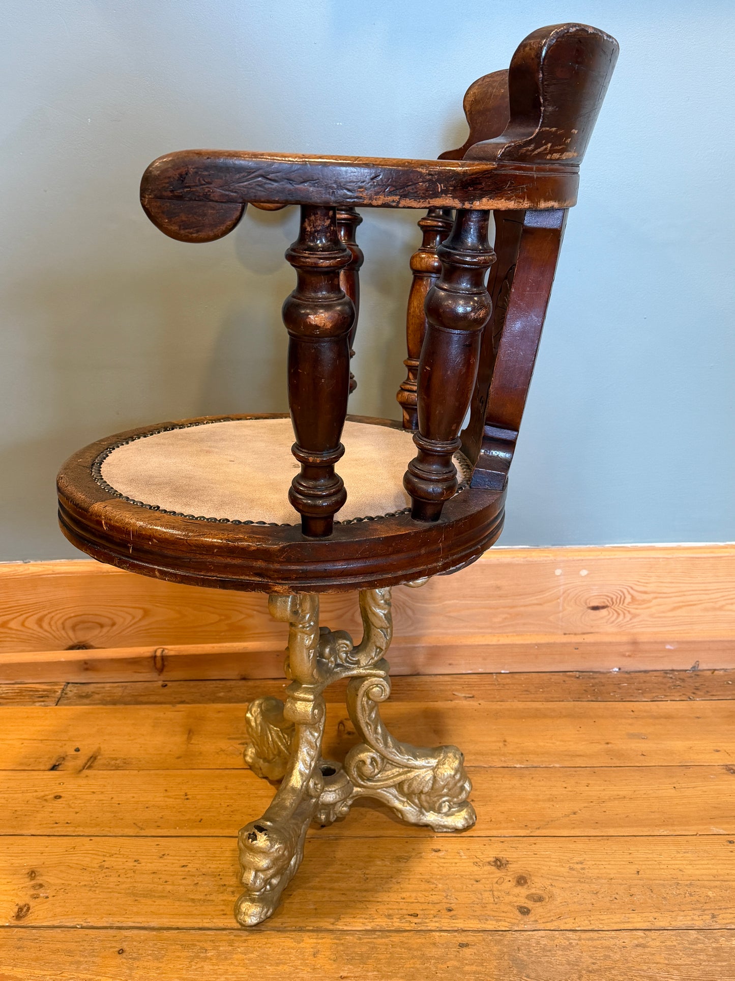 Rare Antique Victorian Mahogany & Cast Iron Ship / Captains Swivel Chair