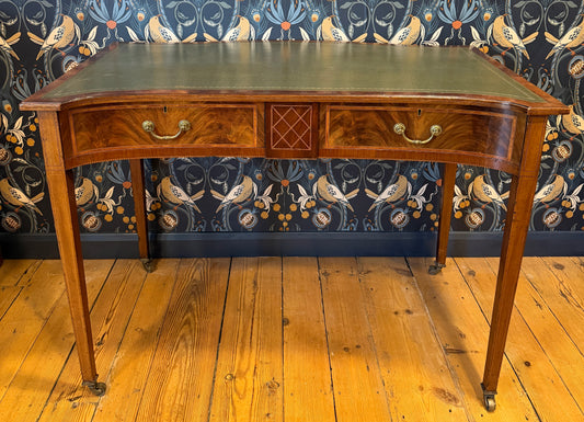 Antique Edwardian Inlaid Mahogany 2 Drawers Desk with Green Leather Top c1900