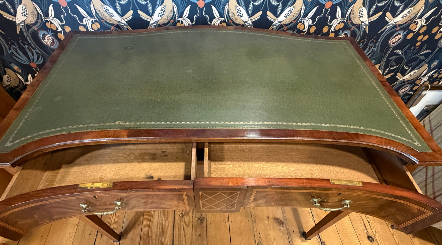 Antique Edwardian Inlaid Mahogany 2 Drawers Desk with Green Leather Top c1900