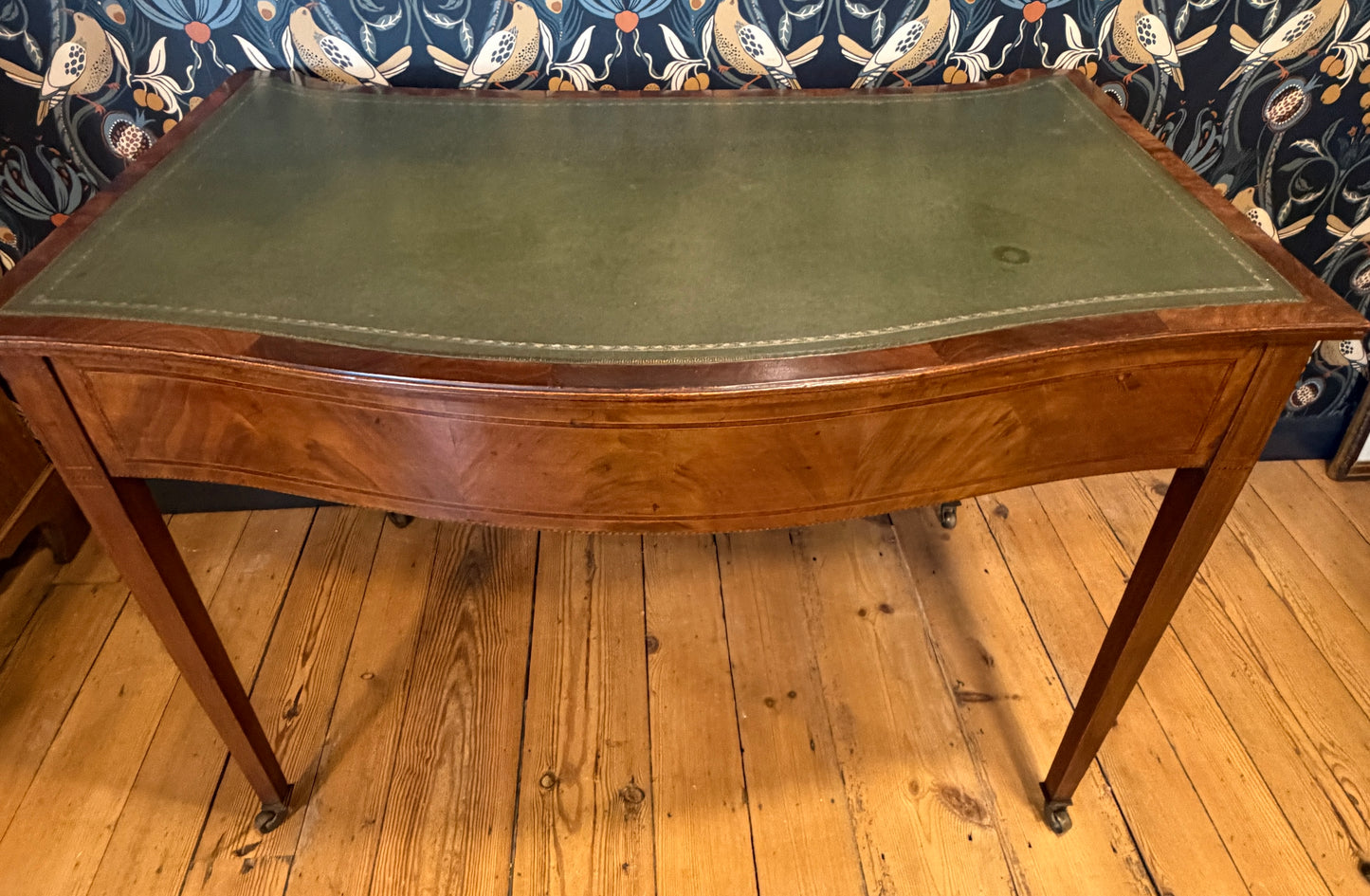 Antique Edwardian Inlaid Mahogany 2 Drawers Desk with Green Leather Top c1900