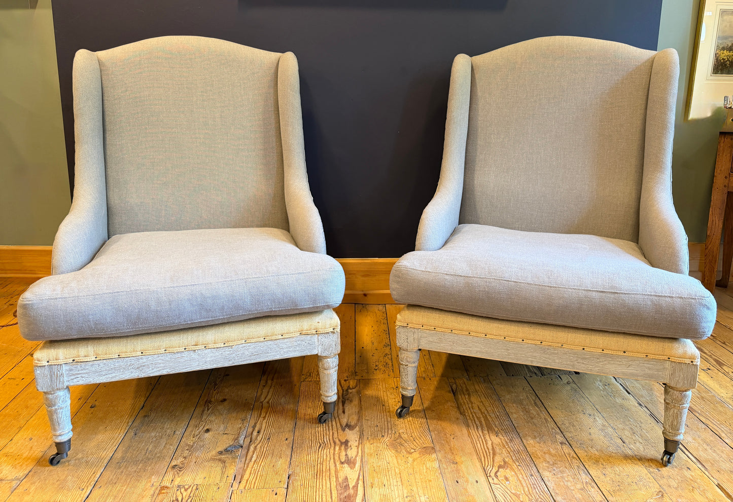 Stunning Pair Gustavian Style Deconstructed Armchairs Taupe Fabric