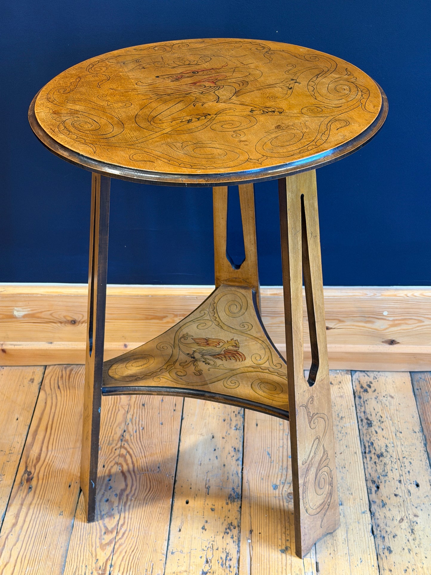 Superb Arts & Crafts Side / Lamp Table with Pen Work Dragon Decoration c1900