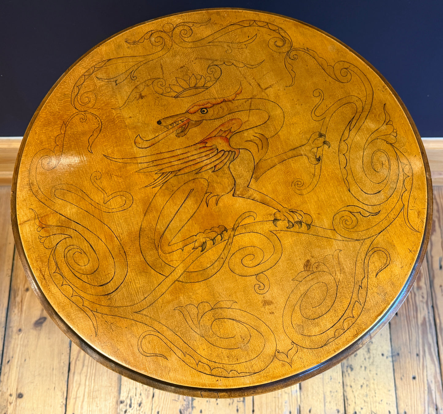 Superb Arts & Crafts Side / Lamp Table with Pen Work Dragon Decoration c1900
