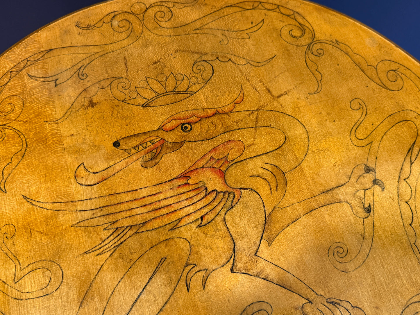 Superb Arts & Crafts Side / Lamp Table with Pen Work Dragon Decoration c1900