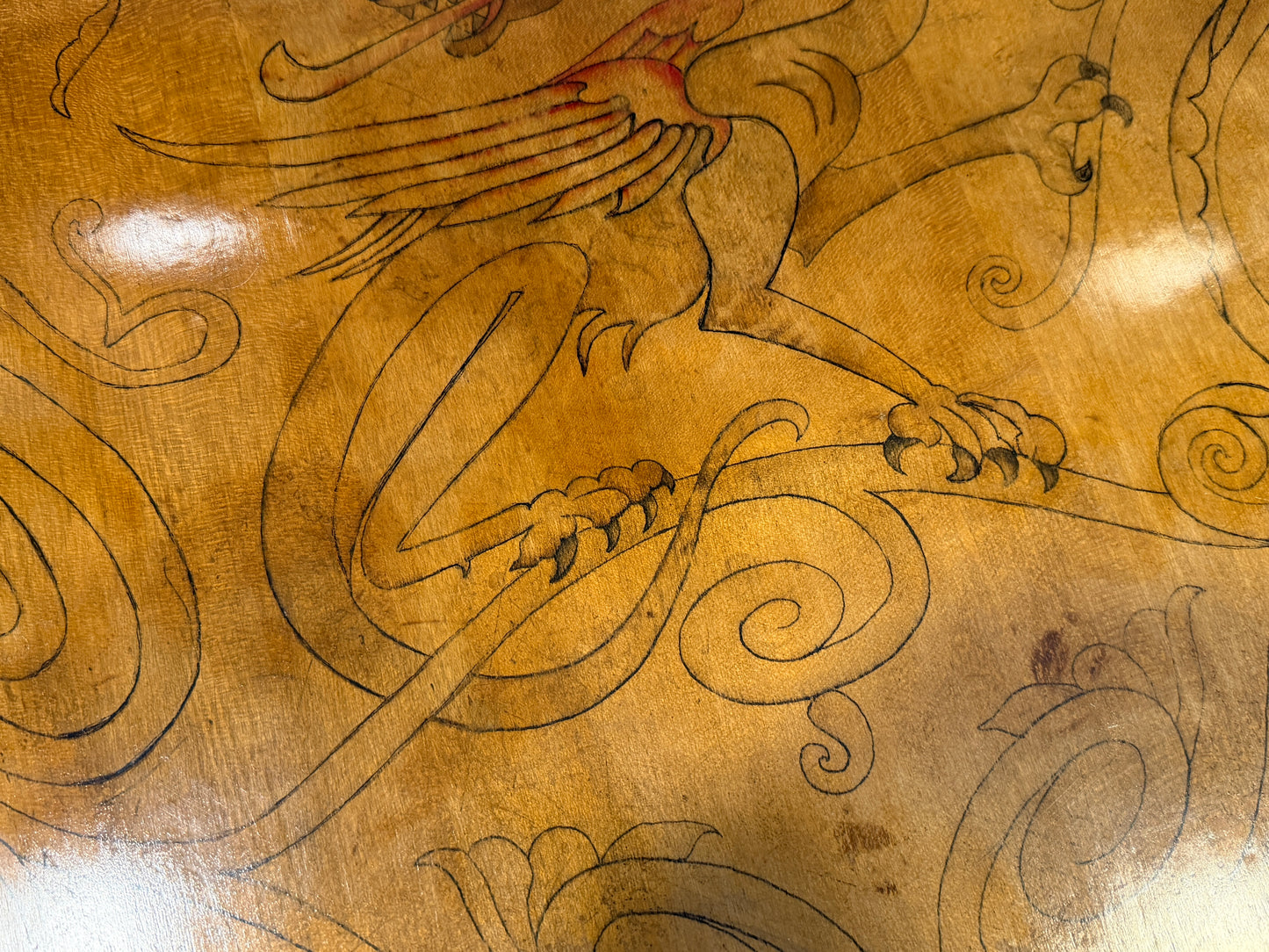 Superb Arts & Crafts Side / Lamp Table with Pen Work Dragon Decoration c1900