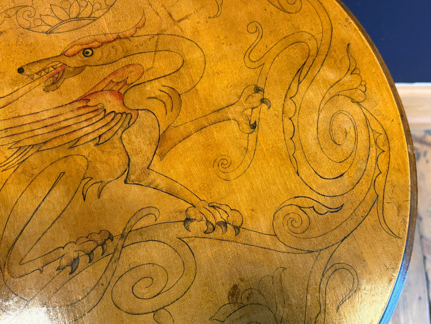 Superb Arts & Crafts Side / Lamp Table with Pen Work Dragon Decoration c1900