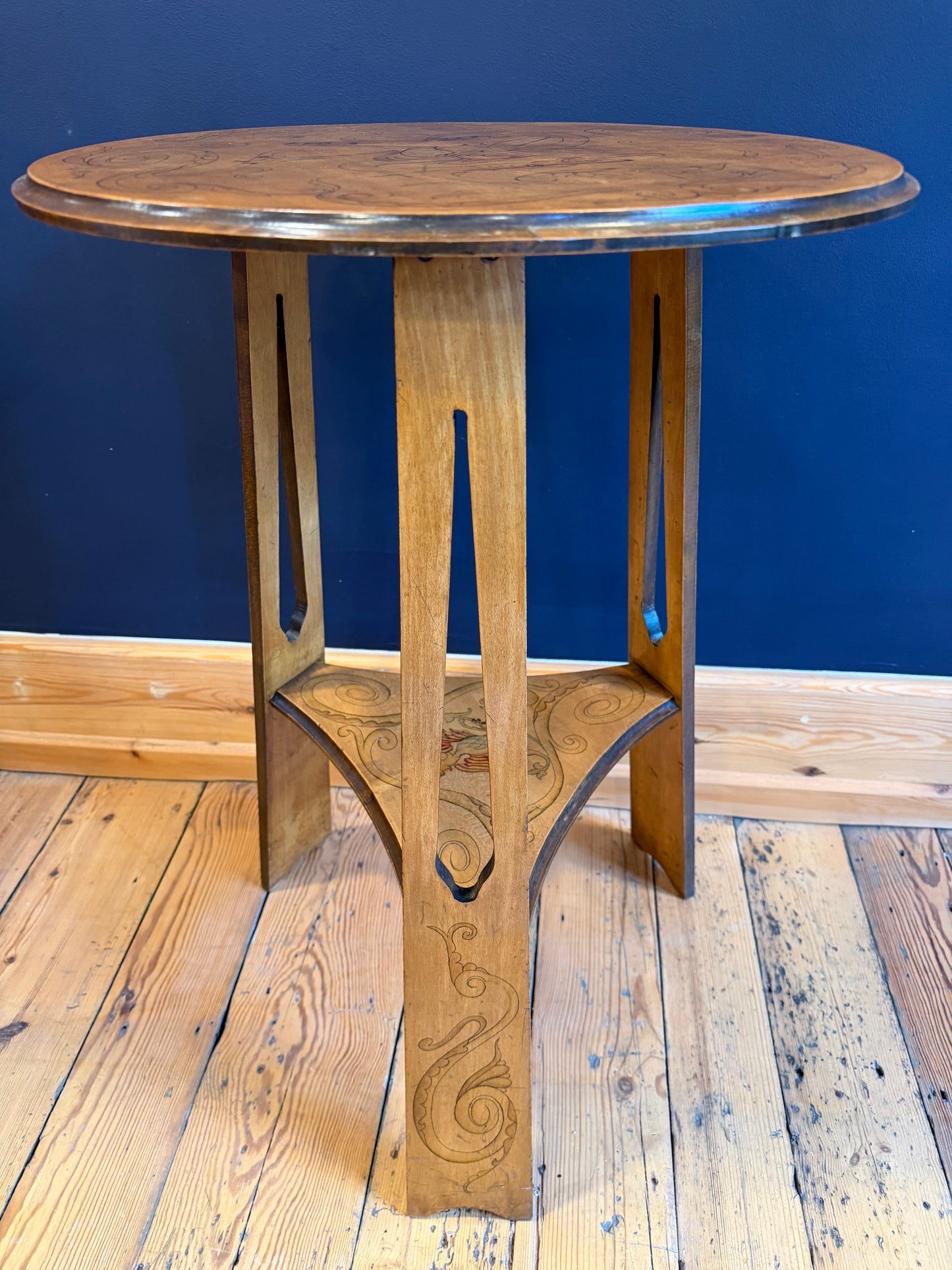 Superb Arts & Crafts Side / Lamp Table with Pen Work Dragon Decoration c1900