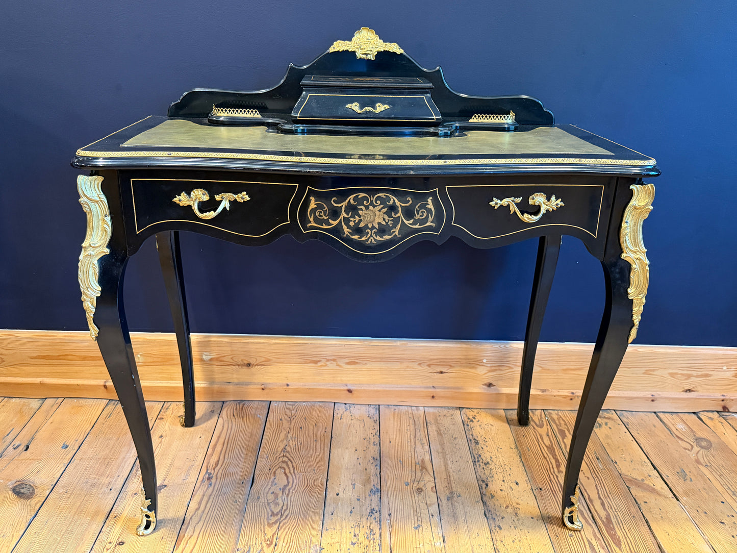 Fabulous French Louis XV style Desk Ebonised with Gilt Metal Mounts & Inlay