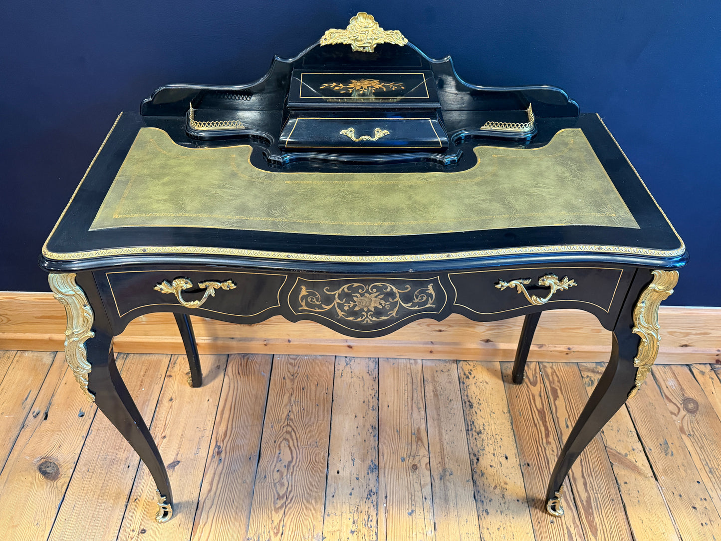 Fabulous French Louis XV style Desk Ebonised with Gilt Metal Mounts & Inlay