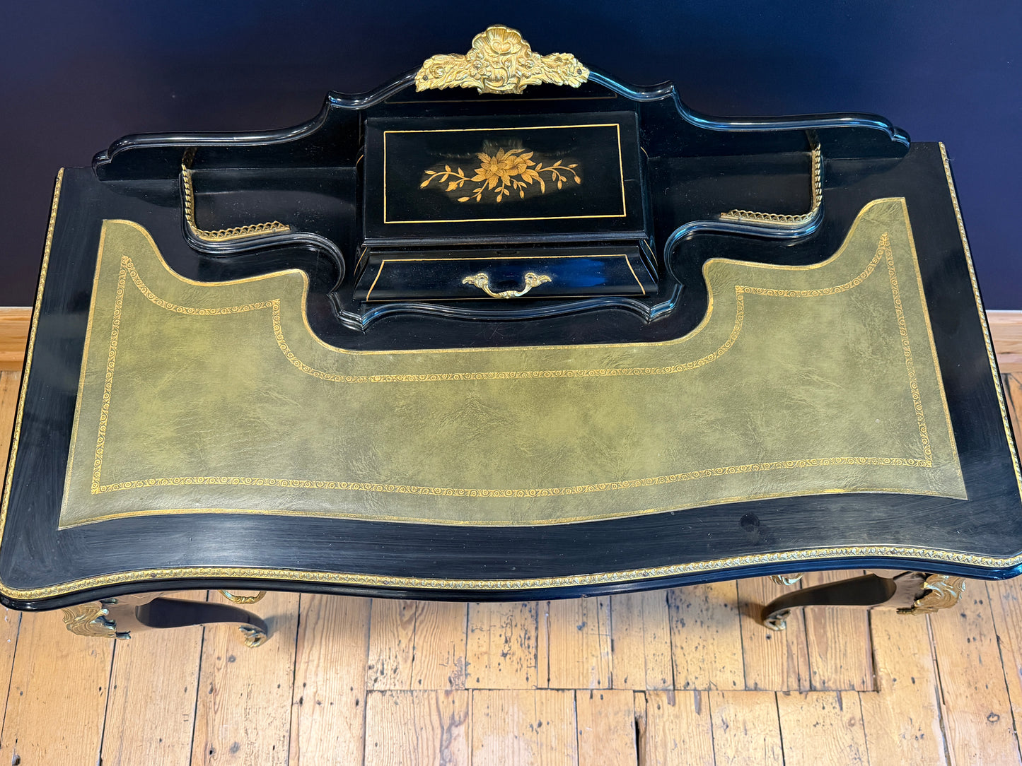 Fabulous French Louis XV style Desk Ebonised with Gilt Metal Mounts & Inlay