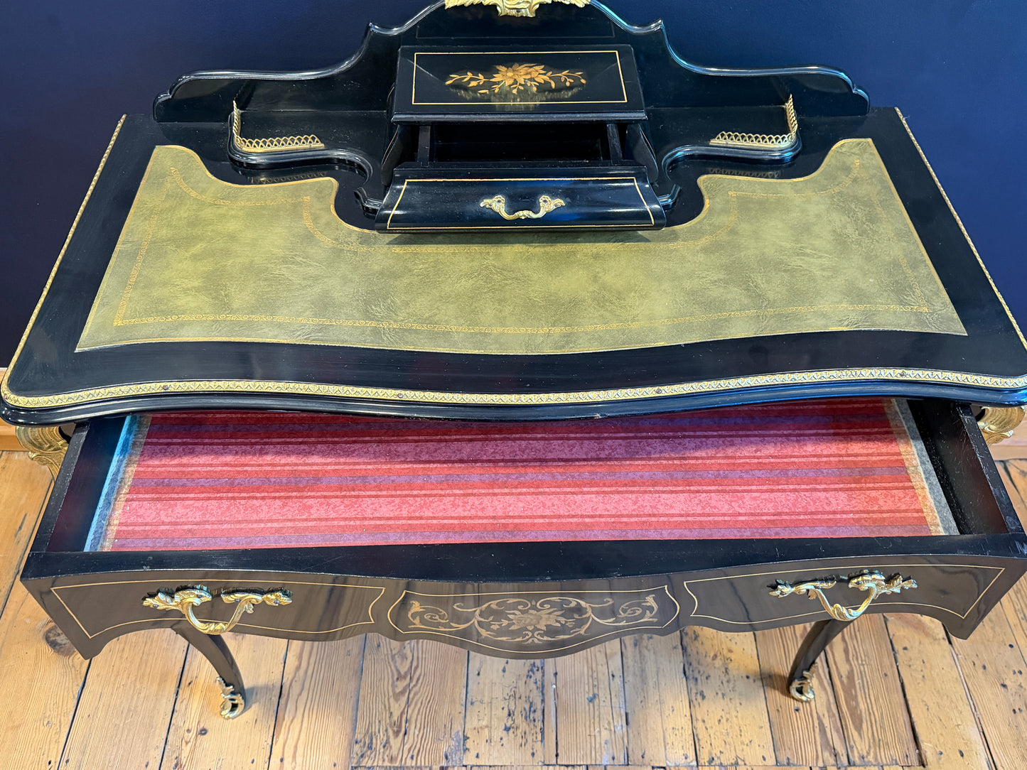 Fabulous French Louis XV style Desk Ebonised with Gilt Metal Mounts & Inlay
