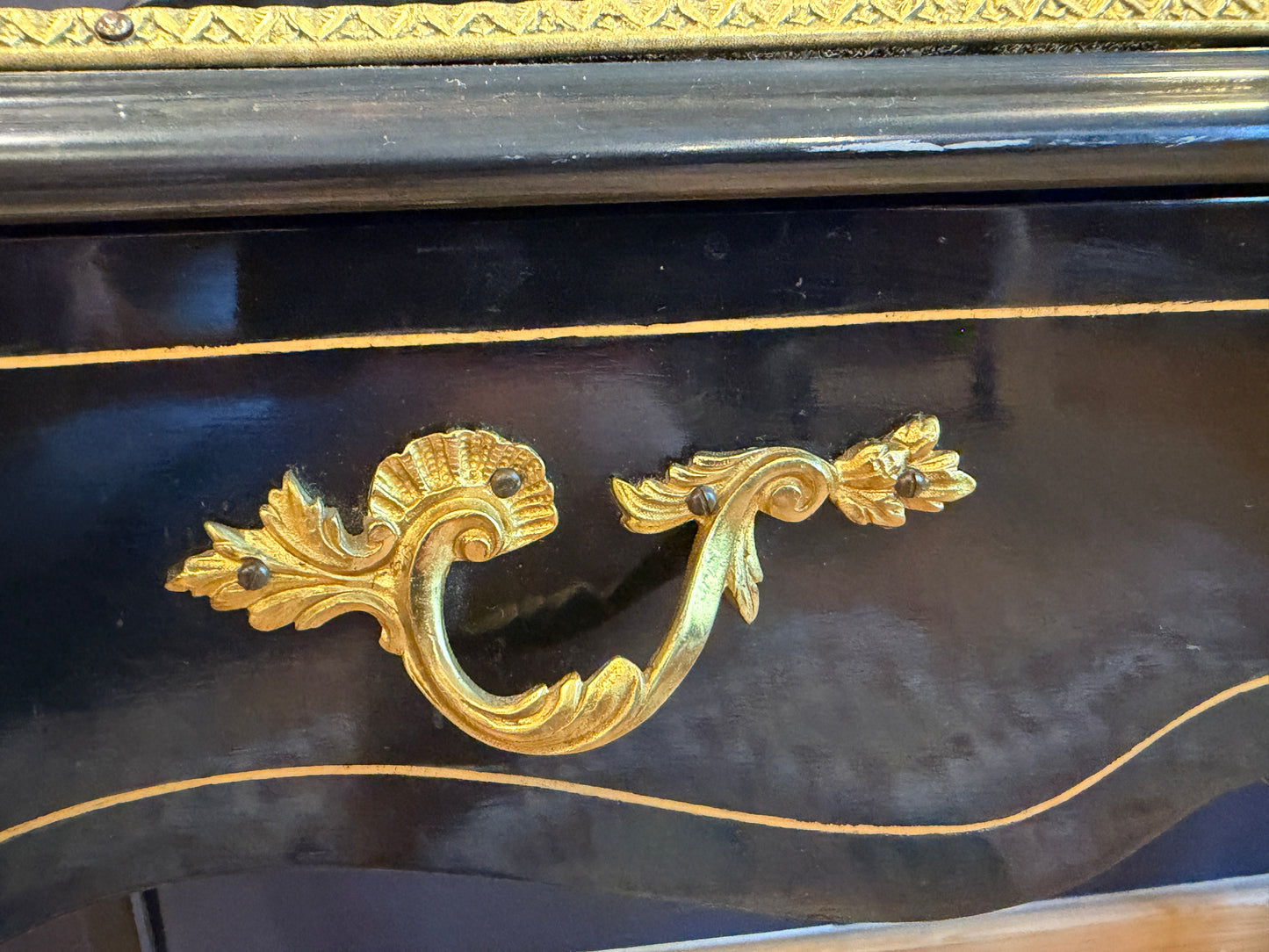 Fabulous French Louis XV style Desk Ebonised with Gilt Metal Mounts & Inlay