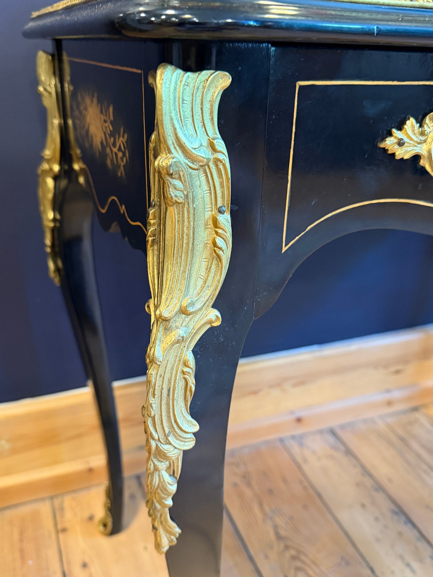 Fabulous French Louis XV style Desk Ebonised with Gilt Metal Mounts & Inlay