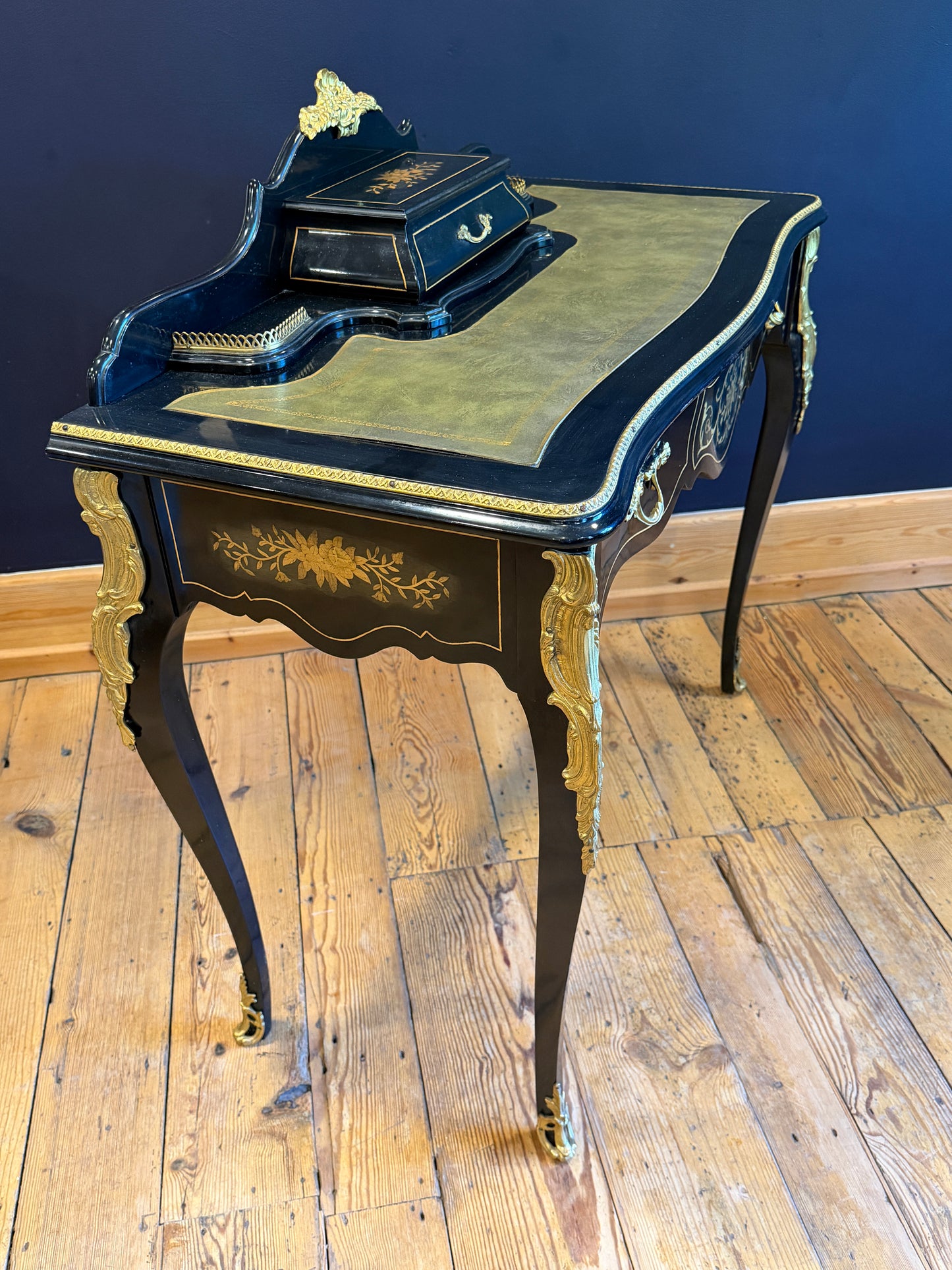 Fabulous French Louis XV style Desk Ebonised with Gilt Metal Mounts & Inlay